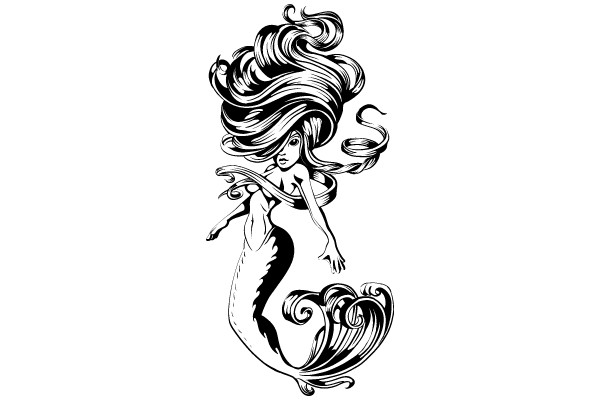 Stylized Illustration of a Mermaid with Wavy Hair and Tail