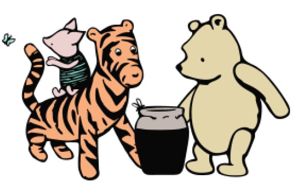 A Whimsical Scene of a Cat, a Bear, and a Jar of Honey