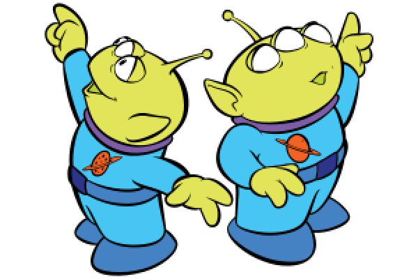 Two Aliens in Blue Jumpsuits, One Pointing Upwards