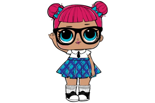 Stylish Cartoon Character with Pink Hair and Blue Dress