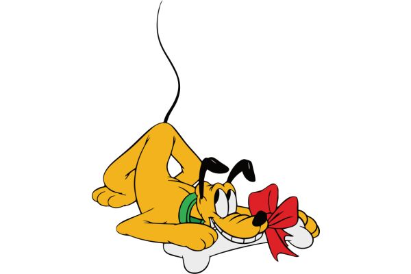 A Playful Scene: A Yellow Dog with a Red Bow and a Bone