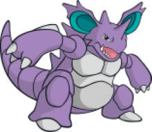 Vivid Purple Pokémon with Blue Ears and a Smile