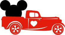 A Red Truck with a Heart and Mickey Mouse Ears