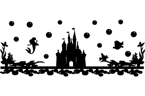 Enchanted Castle Silhouette with Flying Creatures and Bubbles