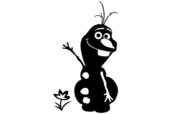 A Silhouette of a Smiling Snowman with a Branch and a Flower