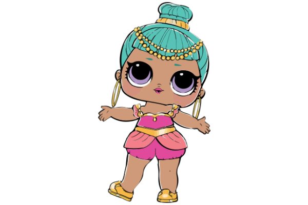 Stylish Animation: A Charming Cartoon Character in a Pink Dress and Turquoise Hair