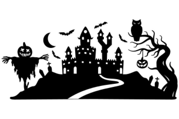 Halloween Silhouette: A Spooky Scene with a Castle, Owl, and Bats