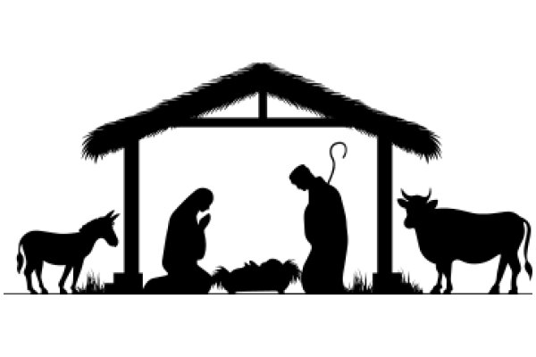 A Silhouette of a Nativity Scene with Animals and a Barn