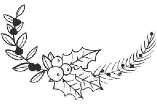 Stylized Artwork of a Leafy Branch with Berries and a Flower