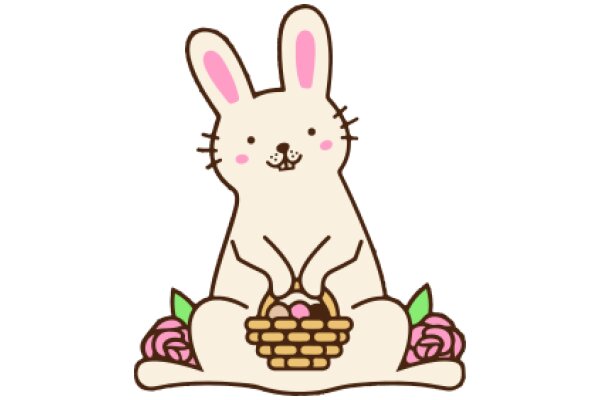 Adorable Easter Bunny with a Basket of Eggs and Pink Flowers