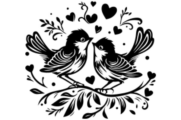 Illustration of Two Birds in Love, Surrounded by Hearts and Floral Designs