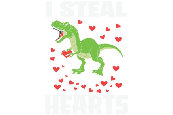 Stealing Hearts: A Playful Adventure with a Green Dinosaur and Red Hearts