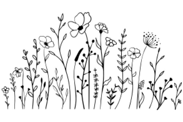 A Whimsical Garden: A Line Drawing of Flowering Plants and Flowers