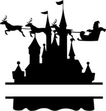 Silhouette of a Christmas Castle with Santa's Sleigh and Reindeer