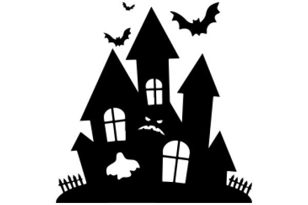 Silhouette of a Haunted House with Bats and Fences