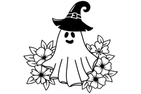 Whimsical Halloween Illustration: A Ghostly Figure with a Witch's Hat and Flowers