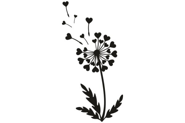 Silhouette of a Flower with Hearts and Leaves