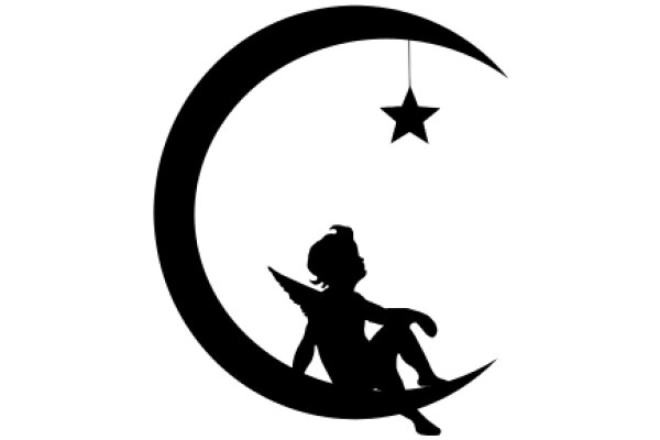 Silhouette of a Child on a Crescent Moon, with a Star Above