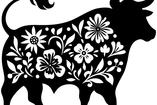 Stylized Black Bull with Floral Design