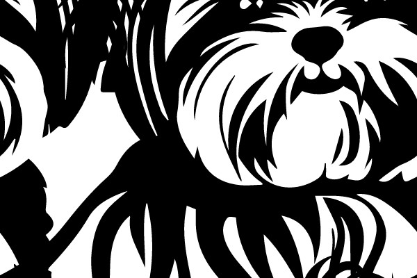 Stylized Illustration of a Shaggy Dog with a Bow on its Head