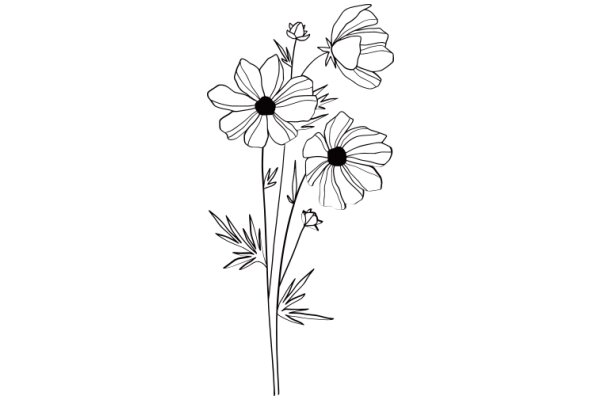 Line Drawing of Three Flower Stems with Flowers and Leaves