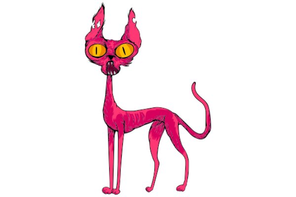 Whimsical Pink Cat with Yellow Eyes and a Long Tail