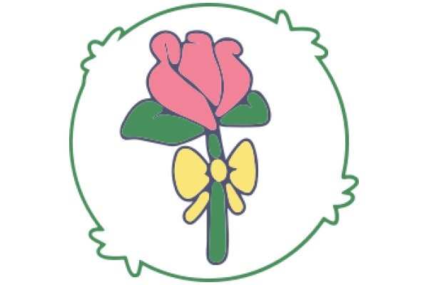 A Vibrant Pink Rose with a Yellow Bow, Encircled by a Green Leaf