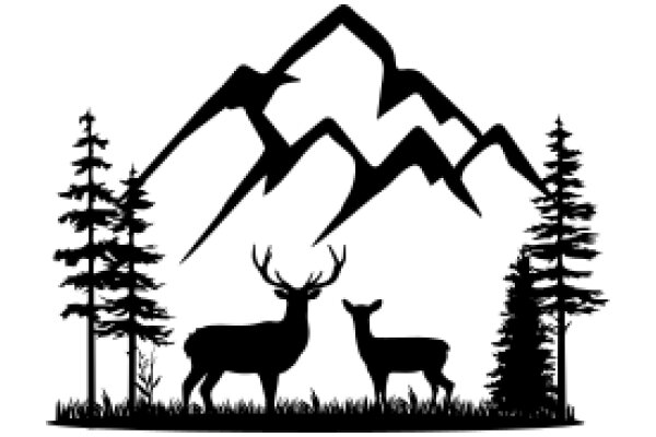 Silhouette of a Deer and Mountains, with a Tree and a Bird Silhouette