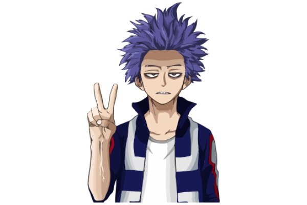 Anime-Style Character with Purple Hair and a Peace Sign