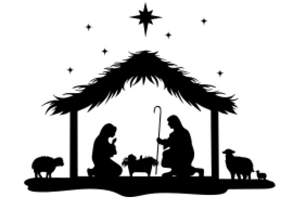 Silhouette of a Nativity Scene with Stars and Sheep