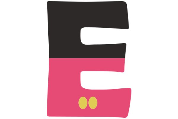 Stylized Letter E with Pink and Black Background and Two Yellow Circles