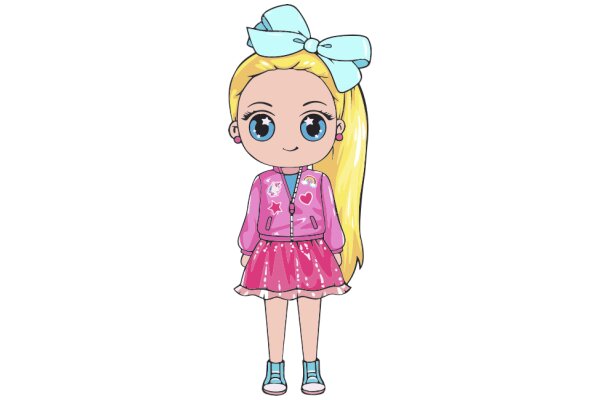 Stylish Cartoon Character with Blue Bow and Pink Dress