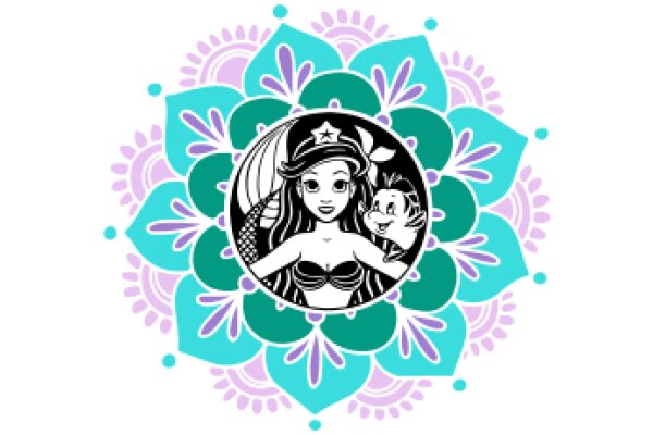 Stylized Floral Pattern with a Cartoon Character at the Center