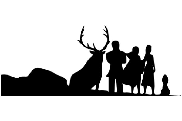 A Silhouette of a Family with a Deer, Set Against a White Background