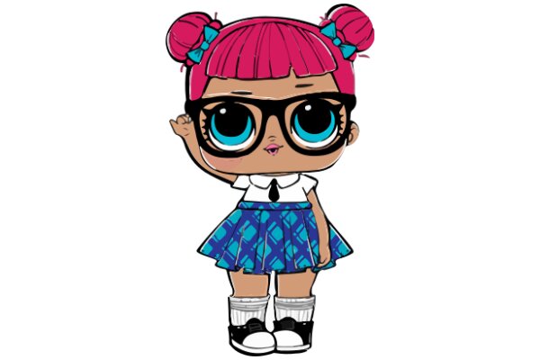 Stylish Cartoon Character with Pink Hair and Blue Skirt