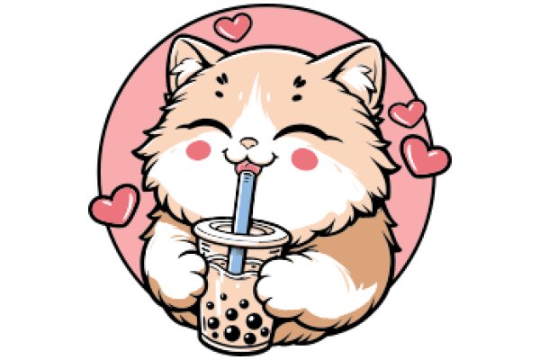 Cute Cat with a Drink and Hearts