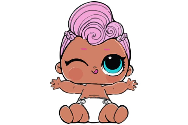 Adorable Cartoon Character with Pink Hair and Blue Eyes