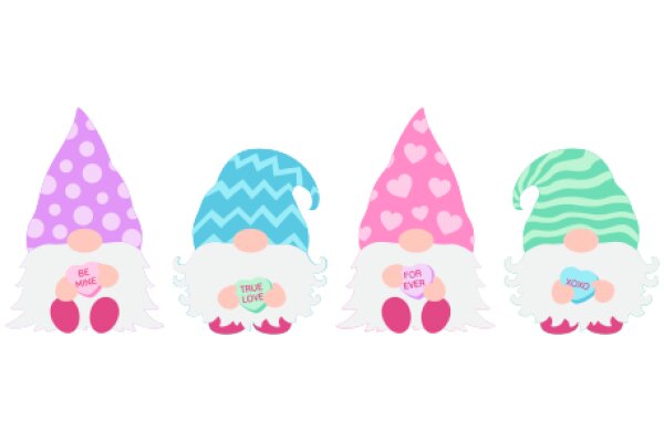 A Collection of Four Stylish Gnome Illustrations, Each Holding a Heart