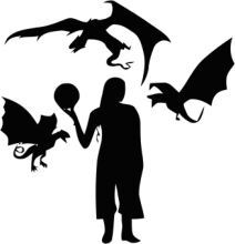 Silhouette of a Person Surrounded by Silhouettes of Flying Creatures