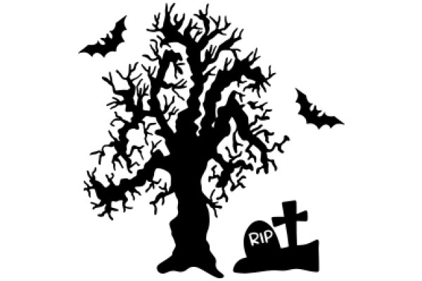 Silhouette of a Tree and a Cross with Bats Flying Around