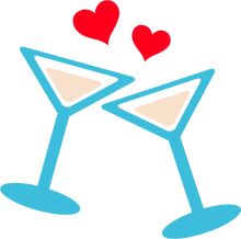 Two Blue Martini Glasses with Red Hearts Floating Above Them