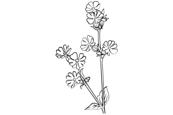 Line Drawing of a Flowering Plant with Buds and Flowers