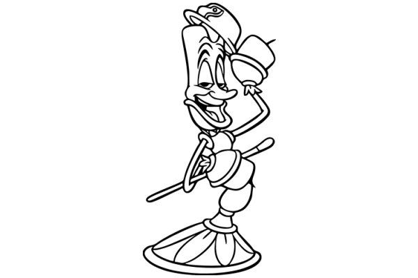 A Whimsical Character: A Cartoon Hat-Wearing Figure with a Cane and a Smile