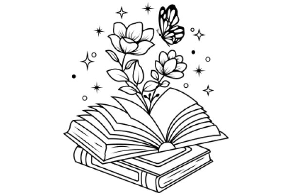 A Whimsical Illustration of a Book with a Flower and a Butterfly