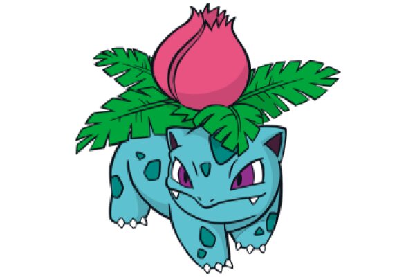 A Whimsical Illustration of a Pink Flower on a Blue Pokémon's Head