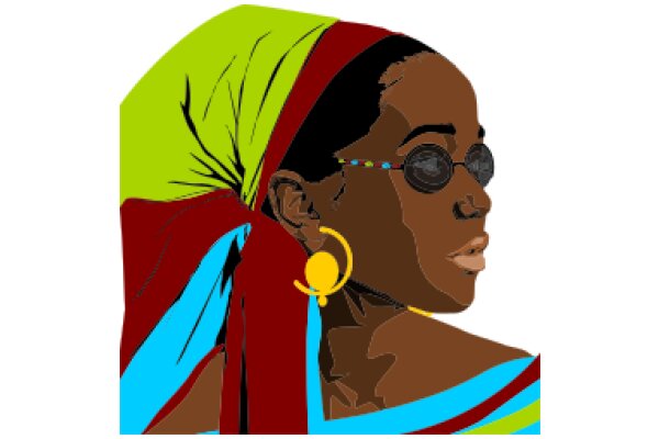 Stylish Fashion Illustration: A Woman in a Vibrant Headscarf and Sunglasses