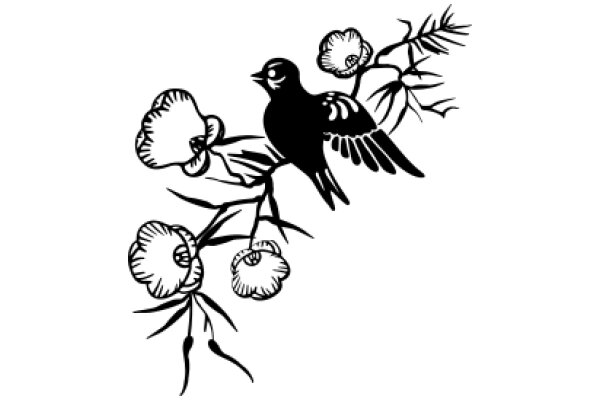 Illustration of a Bird Perched on a Branch with Flower-like Buds