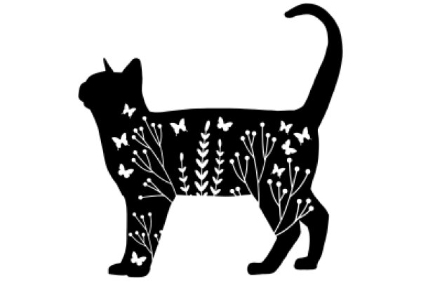 Silhouette of a Cat with Butterflies and Plants