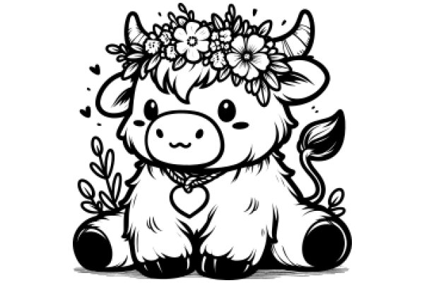 Whimsical Cow with Flower Crown and Heart