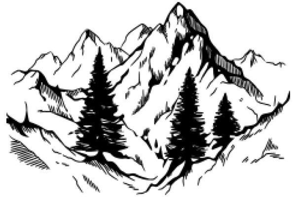 Illustration of a Mountainous Landscape with Pine Trees